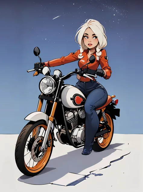 Femme gothique tatouer assise sur une moto , ,corp entier ,botte moto ,neige