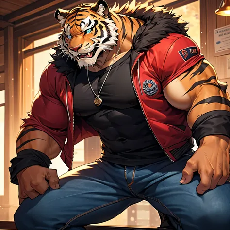 Muscular furry humanoid tiger with bodybuilder builds, wearing inner layer long sleeve black t-shirt and outer layer short sleeve red jacket, wearing dark blue jeans as trousers, face expression is baring his teeth