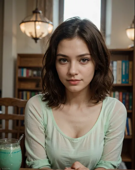 Cute beautiful sexy European light-green-eyed brunette, 22 years old, 

sitting at a table in an old library,  reading a book, concentrated, serious,

tiny waist, very detailed, innocent face, face-length 1.3 times the face-width, almond-shaped eyes, squar...