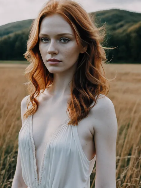 1woman in, age35, Solo, Aesthetic artwork, irish  redhead, wavy ginger hair, shoulder length ginger hair, some small freckles, pale skin, small breasts, runners body, fullbody shot, imperfect skin, goosebumps, teenager fashion, beautiful nature location, a...