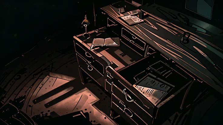 Aerial image focusing on an open desk drawer in a dark and gloomy environment. Lighting is minimal, creating intense shadows around furniture. The scene must convey an atmosphere of suspense and loneliness, com destaque para o elemento central: a gaveta