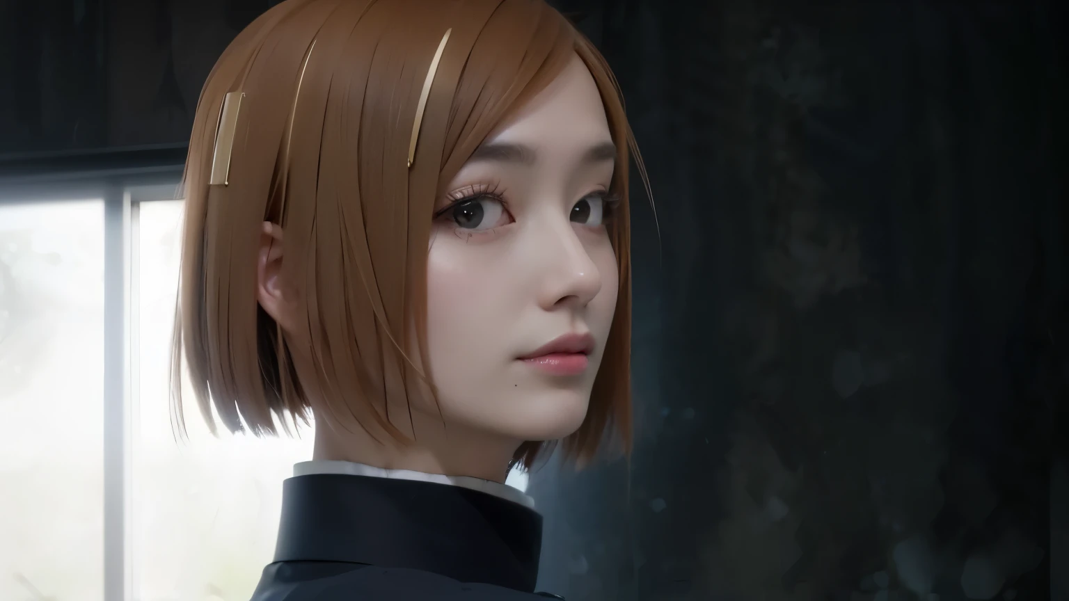 japanese girl with short brown hair, black collar, anime cosplayer, realistic