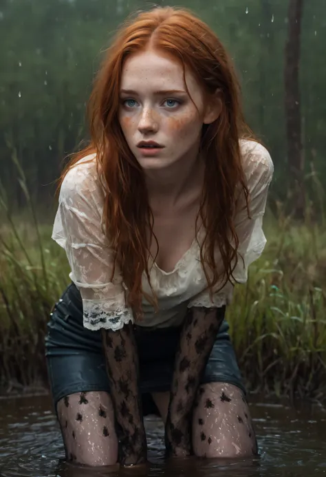 an exquisitely detailed photograph of a graceful red-haired girl with freckles, drowning in bog, standing+(sexy touching herself...