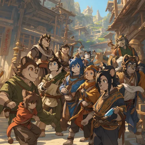 dynamic angle, top quality, best quality, High-quality illustrations, masterpiece, super high resolution, detailed background, detailed background, Monkey A Journey to the West, action, group shot:0.1, 6+boys, 6+girls, absurdres(highly detailed beautiful f...