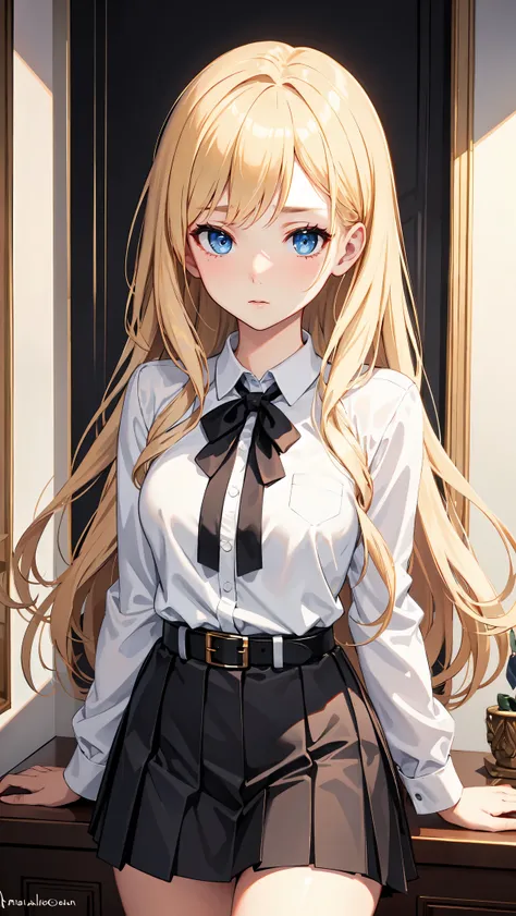 ((best quality)), ((masterpiece)), (detailed), 1 girl，blond，blue eyes，Teary-eyed，medium breasts，white shirt，black tie，belt，Short pleated skirt