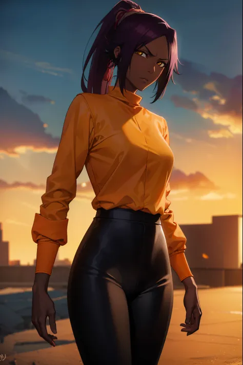 yoruichishihouin, yoruichi shihouin, long hair, (yellow eyes:1.5), ponytail, purple hair, dark skin, dark-skinned female,
BREAK bodysuit, black bodysuit, bodysuit under clothes, (orange shirt:1.5), long sleeves,
BREAK outdoors,
BREAK looking at viewer, (co...