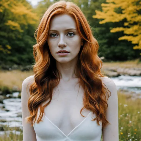 1woman in, age35, Solo, Aesthetic artwork, irish  redhead, wavy ginger hair, shoulder length ginger hair, some small freckles, pale skin, small breasts, runners body, fullbody shot, imperfect skin, goosebumps, teenager fashion, beautiful nature location, a...