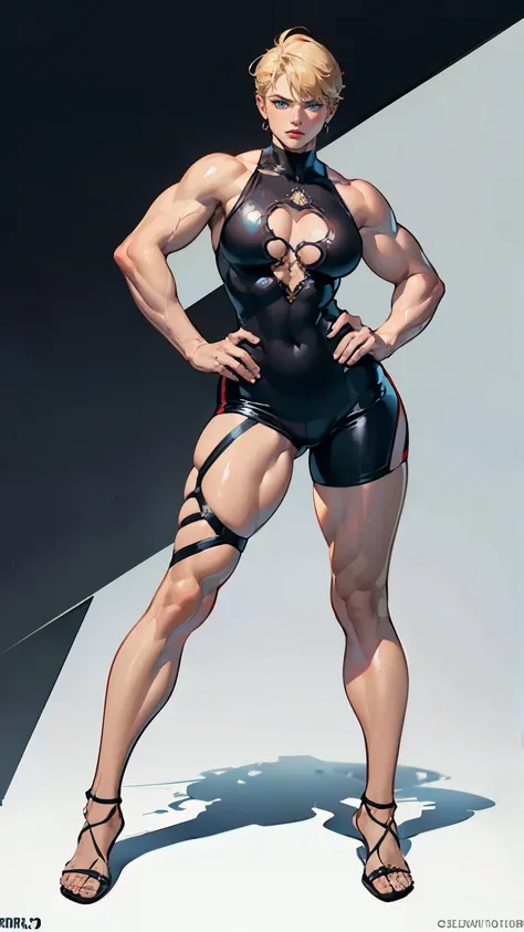 ((masterpiece,best quality,8k,highres)),((character concept art)), 1 female, middle-age adult female, bodybuild trainer, wrestler, 185 cm height, (extreme short buzz cut hairstyle), tomboy hairstyle, (blonde hair colour), ultra finely detailed eyes (blue e...