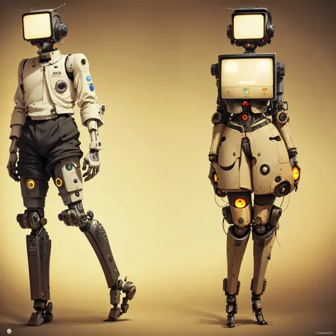 estilo preto e branco, escuro, there are two people with a television and a pair of legs, ciborgues robots, vintage robotics, robots, humanoid robots, transumanismo, Distopia orwelliana, Ciborgues dieselpunk, ( ( ciborgues robots ) ), ciborgues trabalhando...