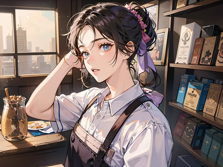 upper body,masterpiece,best quality, (anime man), Cafe clerk, male,solo,shirt,apron,The hairstyle is a little longer,Her hair is tied half up.,Eye color brown,coffee shop