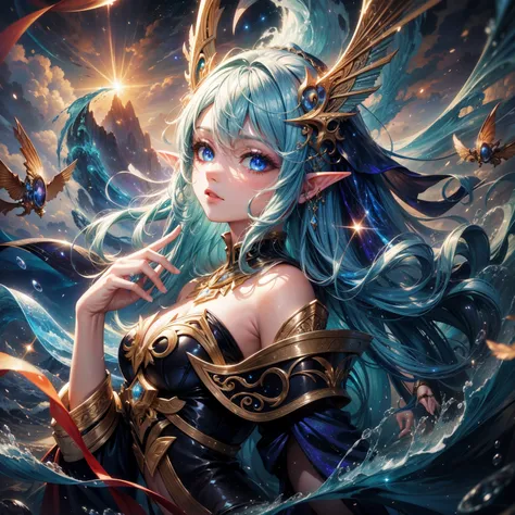 fantastic fantasy beautiful art, beauty elf with bright galaxy eyes, water waves