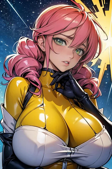 (masterpiece, top quality), (medium),official art, beautiful and aesthetic:1.2),(feldt:1.3), (fractal art:1.3), gundam00, pink hair, ((yellow bodysuit)), from side, (slendered abs:1.2), looking at viewer,(((starry sky))), stars in the background,((black gl...