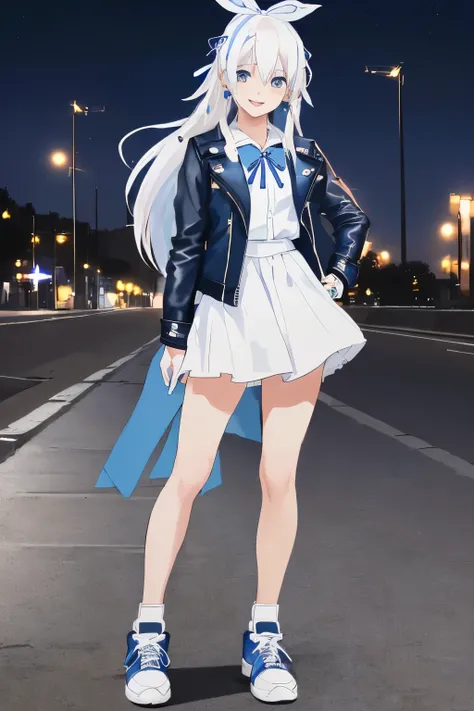 Chica anime, ((Masterpiece), top-quality, Top image quality, ((((solo)))), ((((white hair)))), long hair, ((((blue hairribbon)))), Beautiful blue eyes, Shining eyes, smile, teens girl, 18yo, cute, leather jacket,shirt,white shirt,sneakers,black footwear,ea...