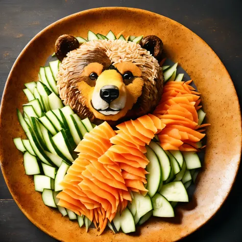 arafed image of a Bear　made of vegetables and sushi, Food Art, amazing food illustration, amazing food photography, food, amazing art work, amazing art, Bearhead, Bear, Incredible art, masterpiece work of art, rice and cucumber、Paste、made of salmon, face o...