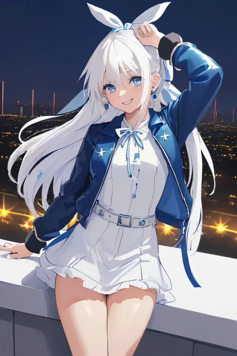 Chica anime, ((Masterpiece), top-quality, Top image quality, ((((solo)))), ((((white hair)))), long hair, ((((blue hairribbon)))), Beautiful blue eyes, Shining eyes, smile, teens girl, 18yo, cute, leather jacket , white onepiece, earrings, night, city, win...