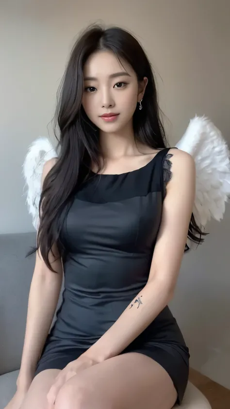 ((top-quality、8k、​masterpiece:1.3))、Beautiful woman with perfect body:1.4、slim abdomen:1.2、Longhair, normal breast, Highly detailed facial and skin texture, A detailed eye, (smile), (full body shot), ((studio)), (sitting on the chair), (((wearing black nig...