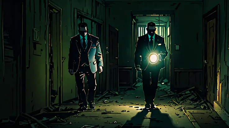 Image depicting two men in suits walking down a very dark corridor with a flashlight in their hand in an abandoned residence. Minimal lighting only highlights shadowy details, accentuating the feeling of desolation and mystery. The scene must convey a tens...