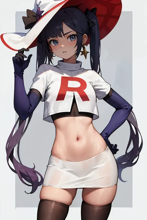 ((masterpiece,best quality)), team rocket,team rocket uniform, red letter r, white skirt,white crop top,black thigh-highs,black ...