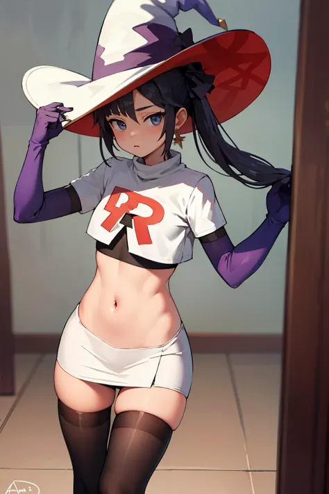 ((masterpiece,best quality)), team rocket,team rocket uniform, red letter R, white skirt,white crop top,black thigh-highs,black elbow gloves zettai ryouiki, aamona, long hair, twintails, hair ornament, black ribbon, earrings, witch hat, purple headwear, co...