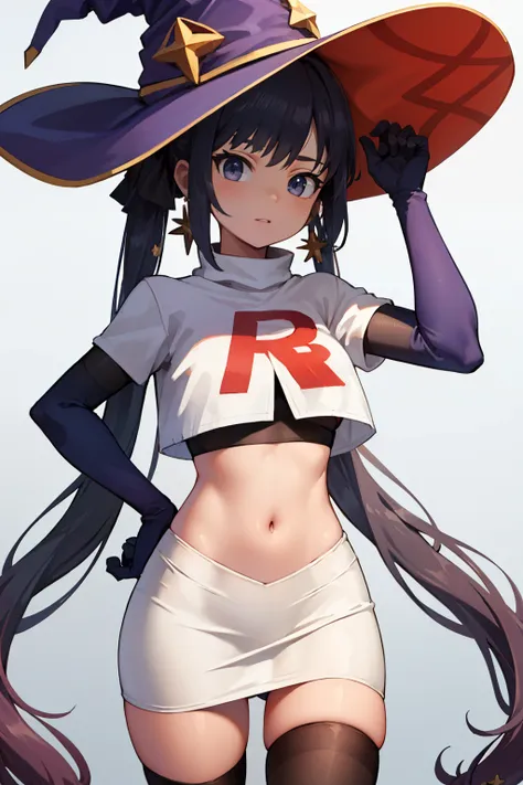 ((masterpiece,best quality)), team rocket,team rocket uniform, red letter R, white skirt,white crop top,black thigh-highs,black elbow gloves zettai ryouiki, aamona, long hair, twintails, hair ornament, black ribbon, earrings, witch hat, purple headwear, co...