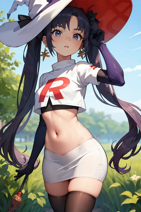((masterpiece,best quality)), team rocket,team rocket uniform, red letter R, white skirt,white crop top,black thigh-highs,black elbow gloves zettai ryouiki, aamona, long hair, twintails, hair ornament, black ribbon, earrings, witch hat, purple headwear, co...