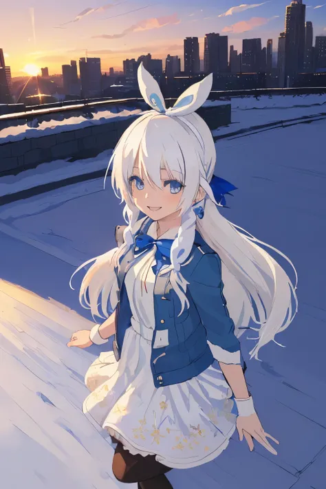 Chica anime, ((Masterpiece), top-quality, Top image quality, ((((solo)))), ((((white hair)))), long hair, ((((blue hairribbon)))), Beautiful blue eyes, Shining eyes, smile, teens girl, 18yo, cute, leather jacket , floral onepiece, earrings, sunset, city, s...