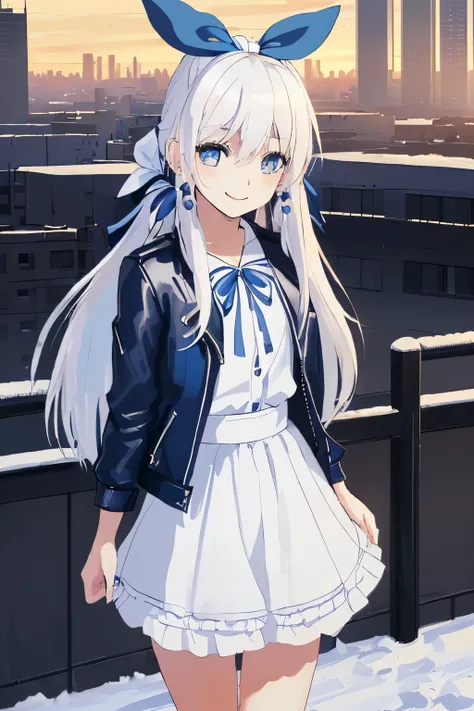 Chica anime, ((Masterpiece), top-quality, Top image quality, ((((solo)))), ((((white hair)))), long hair, ((((blue hairribbon)))), Beautiful blue eyes, Shining eyes, smile, teens girl, 18yo, cute, black leather jacket, floral onepiece, earrings, sunset, ci...