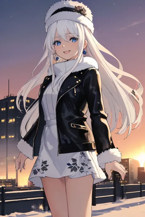 Chica anime, ((Masterpiece), top-quality, Top image quality, ((((solo)))), ((((white hair)))), long hair, fur hat, Beautiful blue eyes, Shining eyes, smile, teens girl, 18yo, cute, black leather jacket, floral onepiece, earrings, sunset, city, snow, winter...