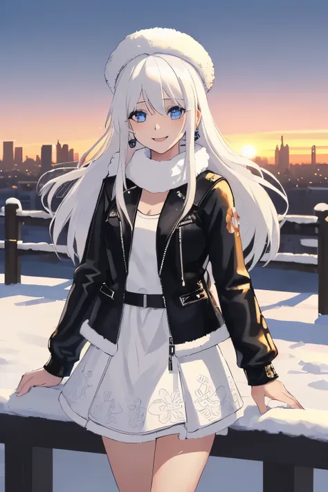 Chica anime, ((Masterpiece), top-quality, Top image quality, ((((solo)))), ((((white hair)))), long hair, fur hat, Beautiful blue eyes, Shining eyes, smile, teens girl, 18yo, cute, black leather jacket, floral onepiece, earrings, sunset, city, snow, winter...