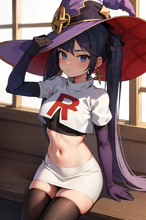 ((masterpiece,best quality)), team rocket,team rocket uniform, red letter R, white skirt,white crop top,black thigh-highs,black elbow gloves zettai ryouiki, aamona, long hair, twintails, hair ornament, black ribbon, earrings, witch hat, purple headwear, co...