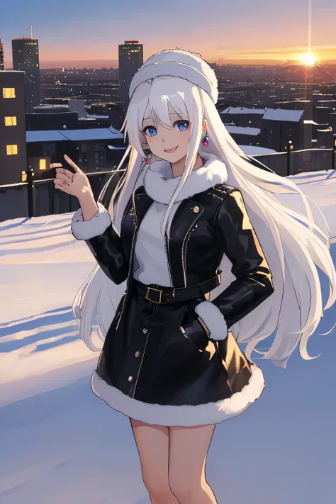 Chica anime, ((Masterpiece), top-quality, Top image quality, ((((solo)))), ((((white hair)))), long hair, fur hat, Beautiful blue eyes, Shining eyes, smile, teens girl, 18yo, cute, black leather jacket, floral onepiece, earrings, sunset, city, snow, winter...