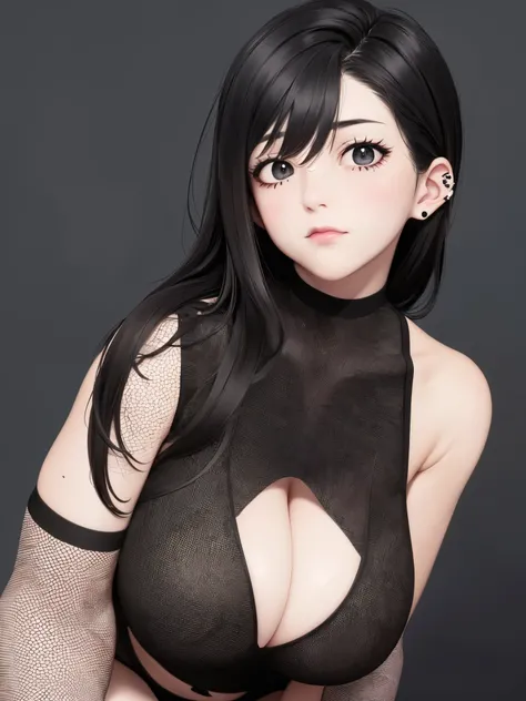 18 year old boy,, Big breasts，black eyes, black hair, solid color background, cold，Large hole fishnet stockings