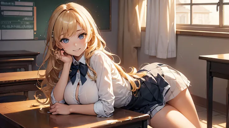 (((masterpiece))), (((best quality))), ((ultra-detailed)), (highly detailed CG illustration), ((an extremely delicate and beautiful)),(cute delicate face),cinematic light, cowboy shot, horror, woman, long blonde hair, curly, swept bangs, huge breasts, scho...