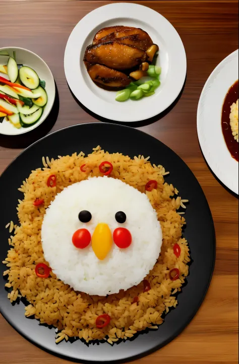 highest quality,Highest image quality,There is a plate with rice food shaped like a chicken&#39;s face., Food Art, food, amazing food photos, Paste、vegetables、hotel restaurant food、luxury、Knives and forks are placed neatly on the table.,reality,beautiful