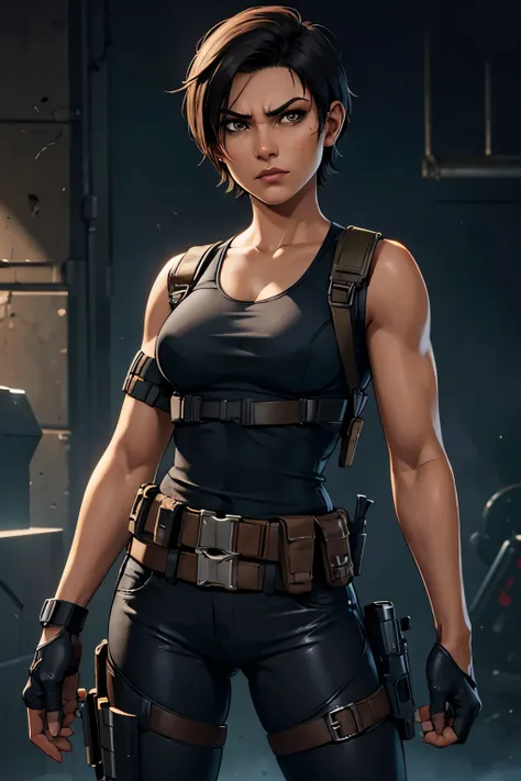 Resident evil girl latina skin, very short shaved hair, with holster, black clothes, tactical holster, and holding a gunner, angry, 