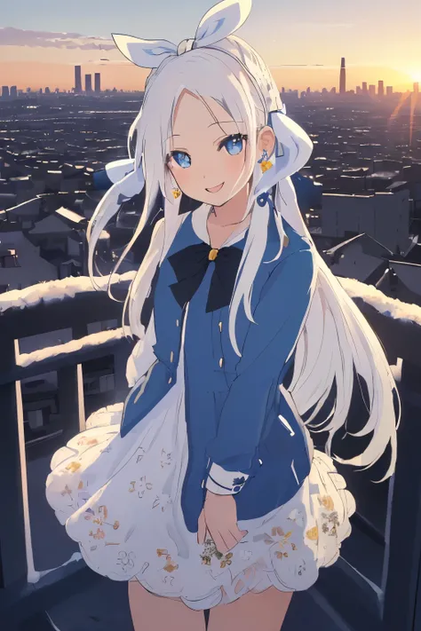 Chica anime, ((Masterpiece), top-quality, Top image quality, ((((solo)))), ((((white hair)))), long hair, parted bangs, forehead, ((((blue hairribbon)))), Beautiful blue eyes, Shining eyes, smile, teens girl, 18yo, cute, black leather jacket, floral onepie...