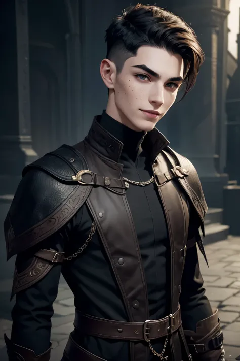 Portrait of an young androgynous male dark warlock in a fantasy setting. Skinny. Kind. Friendly. Smiling. Very pale skin with freckles and liverspots. Dark-brown hair. Short Undercut. Sides shaved. Big upturned dark-brown eyes. deep-set eyebrows. Very thin...