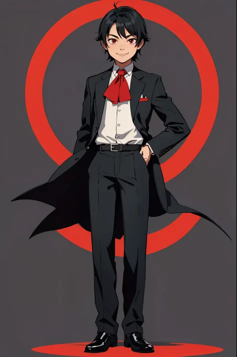 10 years old, suit, boy, smug smiling, black hair, red eyes, full body, no background, png