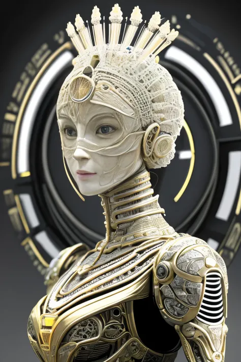 Intricate 3d rendering of highly detailed beautiful ceramic silhouette female robot face, ciborgue, robot parts, 150mm, beautiful studio soft light, Luz de aro, detalhes vibrantes, ciberpunk de luxo, RENDA, surreal, Anatomia , facial muscles, fios de cabo,...