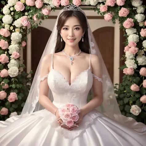 (table top、highest quality、8K、very detailed and intricate details、The most complex and detailed textures、Ultra high definition)、(45 year old mature woman in a wedding dress:1.2)、(Big breasts that are about to burst:1.2)、bride&#39;upper body photo、perfect c...