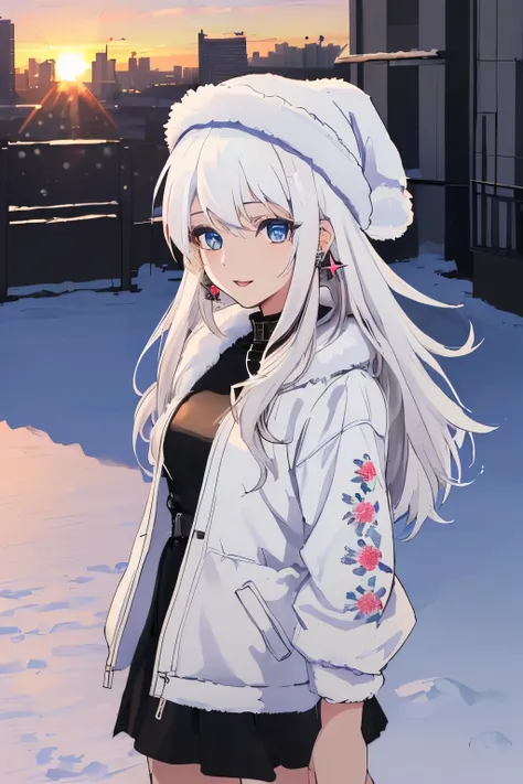 Chica anime, ((Masterpiece), top-quality, Top image quality, ((((solo)))), ((((white hair)))), long hair, fur hat, Beautiful blue eyes, Shining eyes, happy, teens girl, 18yo, cute, black leather jacket, floral onepiece, earrings, sunset, city, snow, winter...