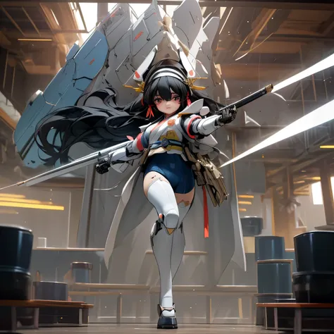 (highest quality)), ((masterpiece)), (very detailed: 1.3), 3D, {(1 young girl)}, (wear navy buruma and white gym uniform with colored hem under armor:1.2), (black hair:1.5), wears a futuristic Gundam mecha,(heavy armored Gundam), with headgear, with v-fin ...