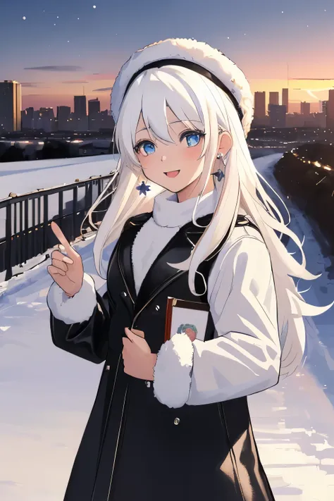 Chica anime, ((Masterpiece), top-quality, Top image quality, ((((solo)))), ((((white hair)))), long hair, fur hat, Beautiful blue eyes, Shining eyes, happy, teens girl, 18yo, cute, black leather jacket, floral onepiece, earrings, sunset, city, snow, winter...