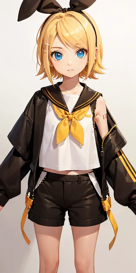 (fotorrealist: 1.4), (masterpiece, side light, Precise beautiful eyes: 1.2), masterpiece * portrait, realist, 3D Side, bright eyes, shiny hair, shiny skin, alone, embarrassing, (abdomen), black underwear, blonde (((Kagamine Rin)))