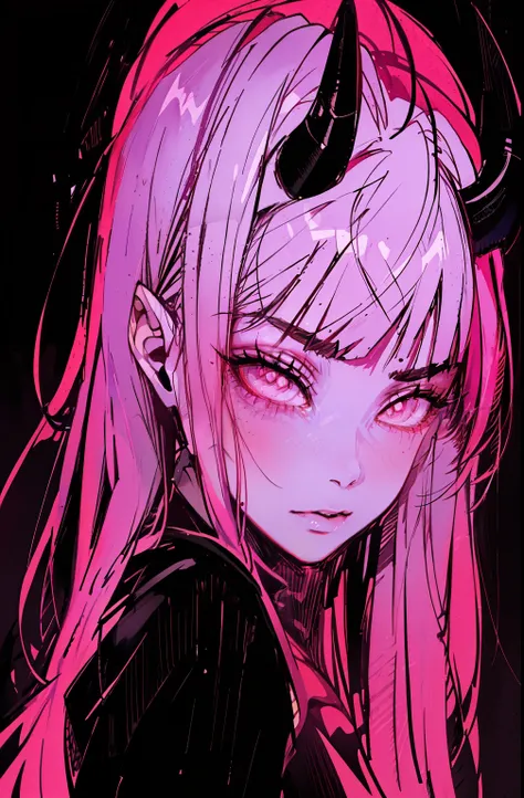 a close-up of a girl with horns on her head, demon anime girl, demon girl, portrait of demon girl, anime vibes, obras de arte no estilo de guweiz, rosto rosa brilhante, anime aesthetic, olhos cor-de-rosa brilhantes, anime digital illustration, kuvshinov, :...