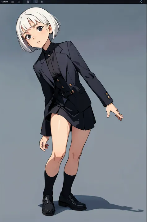 12 years old girl, suit, short white hair, black eyes, full body, no background, png