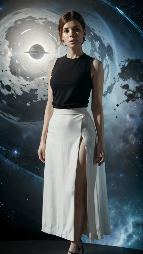 Kate Mara, walkin skirt, edwardiam, victorian, kate mara, woman, long skirt, short hair, long skirt, sleeveless shirt, white shirt, (futuristic), (masterpiece), (space)