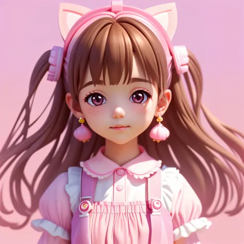 (Highly detailed CG Unity 8K wallpaper, masterpiece, highest quality, Super detailed), (brown hair) (better lighting, better shadow, very delicate and beautiful), floating, [ earrings, (pink: 1.5|lilac: 1.2) Pig tail hair with kitten headphones, (pink: 1.3...