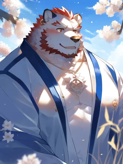 (morning), 1volibear, 独奏, 看着观众, summer, smile,肌肉男，beard,middle-aged，white fundoshi,((open)  kimono)，chinese traditional clothes,...