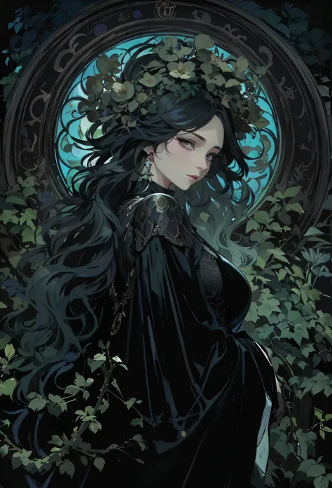 night, dark shadows,black tone,Alphonse Mucha ,(masterpiece,best quality),(high-res,detailed),(wallpaper),flat shading:1.4,detailed body,(detailed face)),
neon hair:1.5,Botanical art,Floral art,big tits bare shoulders,Half-closed eyes:1.5,open cross:1.5,lo...